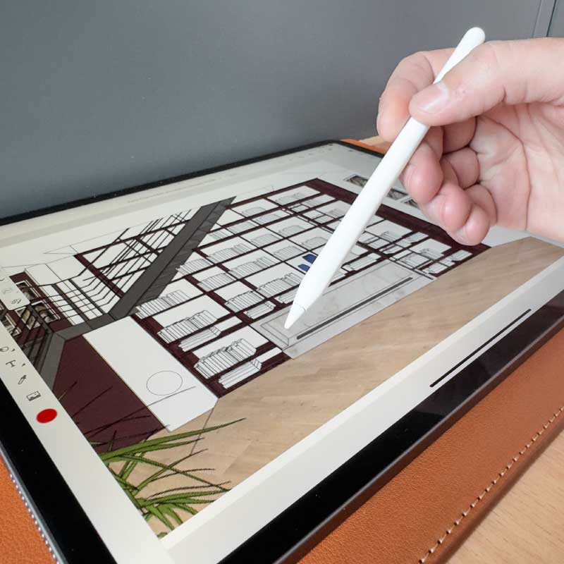 Croquis cheminée sur-mesure dans bibliothèque